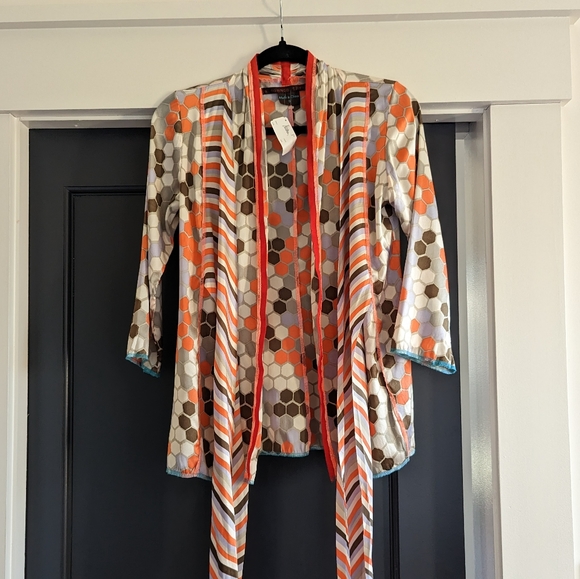 A Common Thread Orange Cream and Blue Patterned Silk Tunic Size Small - Picture 2 of 9